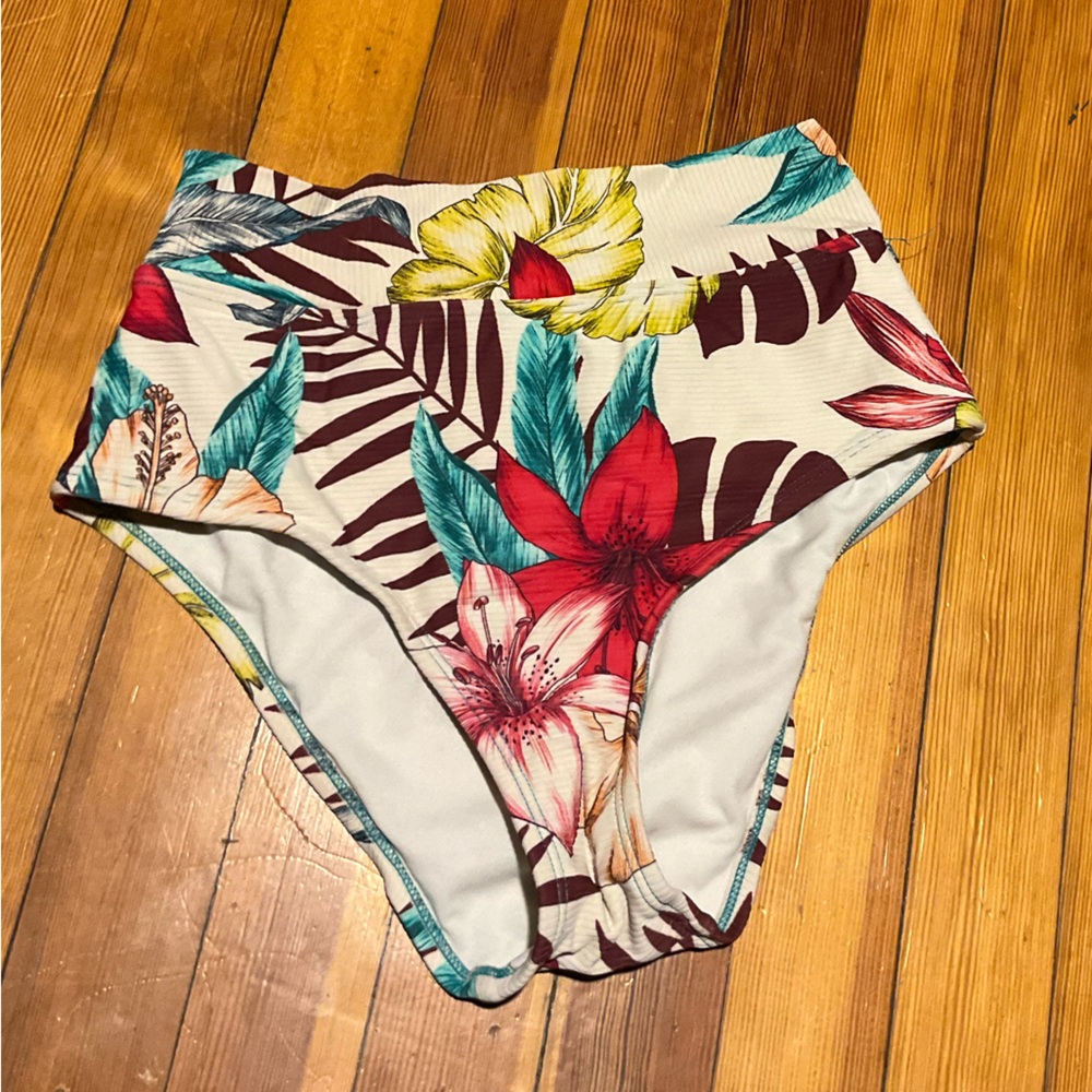 Kona Sol Floral High-Waist Bikini Bottoms in Red, Yellow & Teal